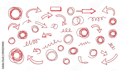 Creative Direction Elements: A collection of various red-colored drawn arrows and circular shapes that serve as fundamental design components, ideal for emphasizing direction, guiding focus.