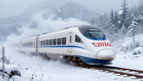 Winter, snowfall, blizzard. A high-speed train rushes across the vast expanses of the country. Speed, blurry image. Large red numbers on the train read 2026.