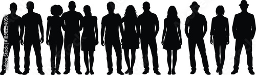 Group of people silhouette, black vector art, social gathering concept, minimal design, human figures, white background, crowd illustration