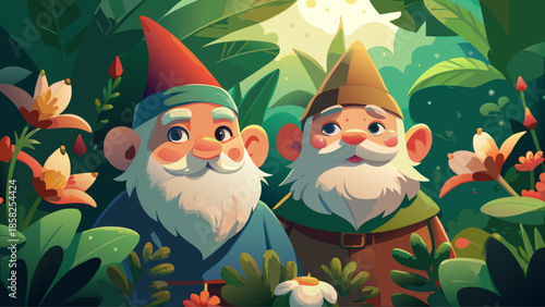 Very beautiful close-up scene of two adorable garden gnomes with soft white beards and bright hats, surrounded by lush greenery, evoking charm, innocence, and a peaceful woodland fantasy.