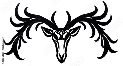 Vector illustration of a wild eagle tattoo with angel wings and a black silhouette of a reindeer head with antlers featuring a stag design for a nature icon