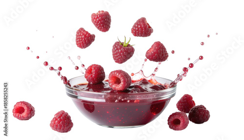 Raspberries falling into a glass bowl with liquid creating a splash and scattered berries around it product shot isolated
