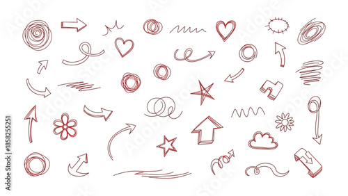Doodles of creativity: Artistic array of hand-drawn icons, a collection of arrows, stars, hearts, and swirls arranged to signify artistic ideas. 