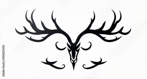 Tribal tattoo design featuring a black vector silhouette of a deer head and stag antlers with nature branch elements and wood plant art isolated on a white background