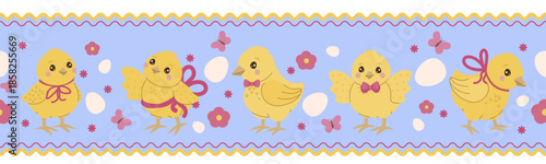 Cute Chicks with Bows and Butterflies Vector Illustration
