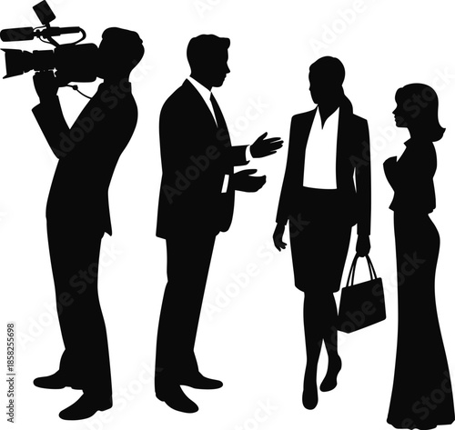 Corporate interview silhouette with cameraman recording business discussion between professionals, media press coverage, workplace communication concept, professional journalism vector illustration