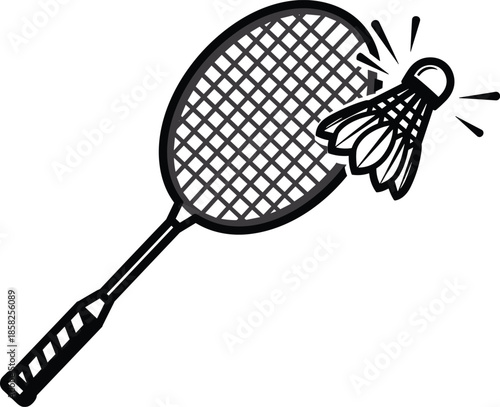 Badminton racket striking shuttlecock vector illustration, dynamic sports equipment icon, black and white minimal line art design, isolated on white background