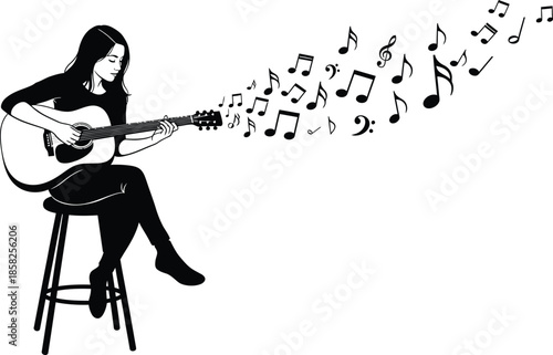 A woman sitting on a stool playing an acoustic guitar with musical notes floating out