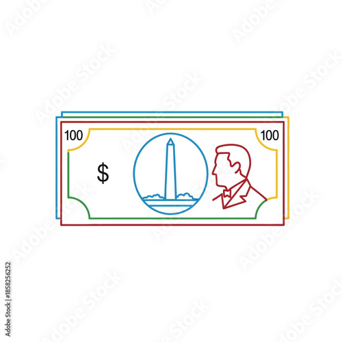 Colorful Illustration of Money Banknote with Landmark and Portrait