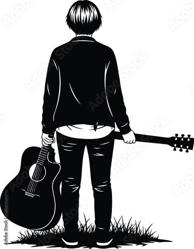 A musician standing in a field with a guitar