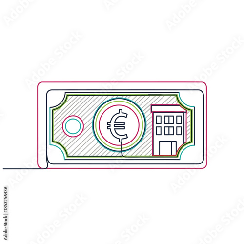 Digital Cryptocurrency Banknote Illustration Featuring Euro Coin and Building