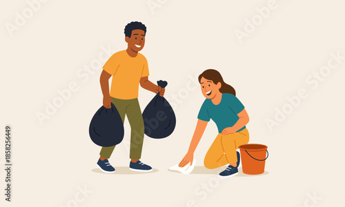 Flat vector illustration of two people tidying a shared area together. Simple everyday cleaning activity, cooperation and household routine shown in a minimal modern style.