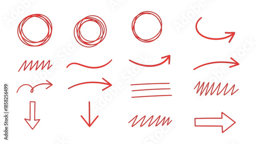 Red Arrows and Scribbles: A collection of various hand-drawn, red-colored arrows and scribbles, perfect for visual communication. Representing directions, connections, emphasis, and annotations.