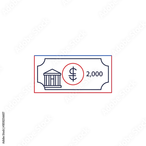 Illustration of a 2000 Yen Banknote Featuring Traditional Bank Building Design