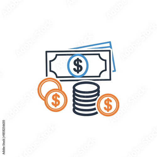 Financial Growth Concept with Dollar Banknotes Coins and Economics Symbols