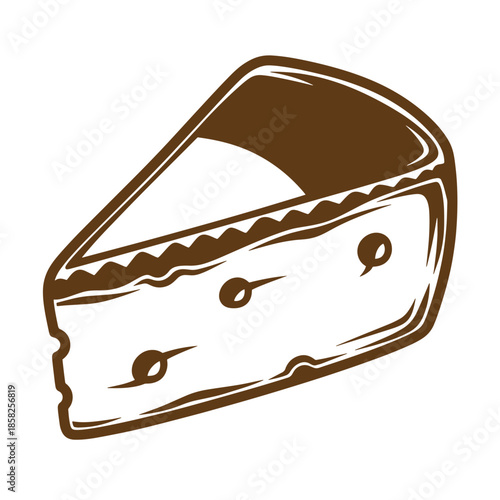 Vintage A brown cheese wedge with white rind and holes on white background