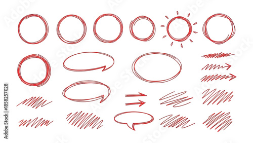 Hand-drawn Red Circles and Elements: A collection of hand-drawn red circles, arrows, and other elements, offering a creative and versatile resource for graphic design and visual communication. 