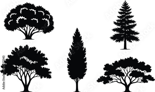 Collection of various tree silhouettes featuring pine, cypress, and leafy deciduous species in black vector style for landscape architecture and nature designs,