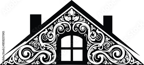 Elegant house roof gable silhouette featuring ornate floral swirls and vintage decorative filigree patterns for architectural design and home exterior branding projects,