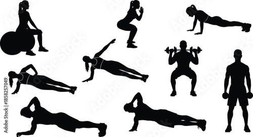 Fitness silhouettes set with people doing workout exercises, squats, planks, pushups, dumbbell training, and gym activities for health, wellness, and body strength icons