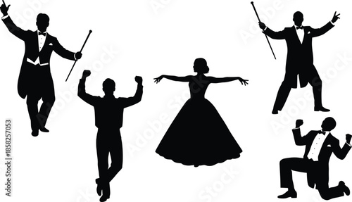 Formal event silhouettes collection featuring elegant ballroom dancers, a bride in a gown, and gentlemen in tuxedos with canes for celebration design projects,