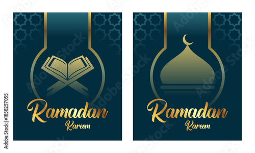Ramadan Kareem greeting cards with Quran and Mosque dome, symbolizing Islamic celebration