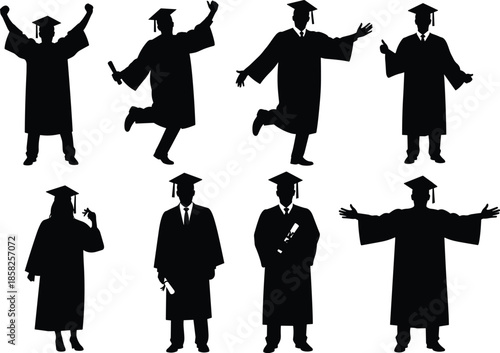 Graduation silhouettes set with students wearing caps and gowns, celebrating academic success, holding diplomas, and cheering for university commencement ceremony achievement icons