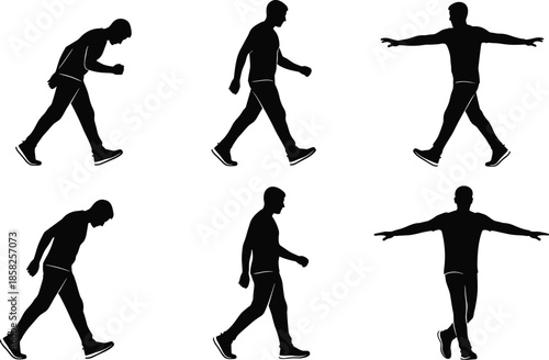 Male walking silhouettes collection featuring men in casual attire strolling, balancing with arms outstretched, and moving forward for urban lifestyle design projects,