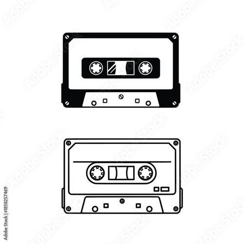 Vector retro cassette tape outline. Black and white vintage mixtape line art icon isolated on white background