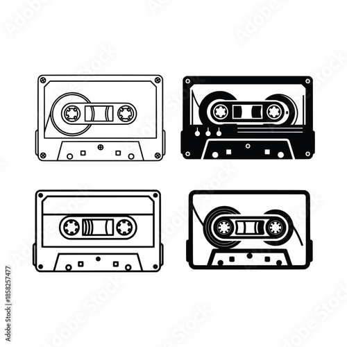 Vector retro cassette tape outline. Black and white vintage mixtape line art icon isolated on white background