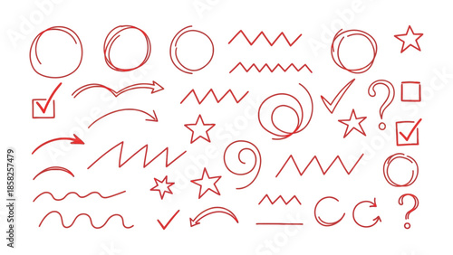 Hand-drawn Design Elements: An array of artistic elements, including circles, arrows, stars, checks, question marks, and wavy lines, is elegantly rendered in a singular style