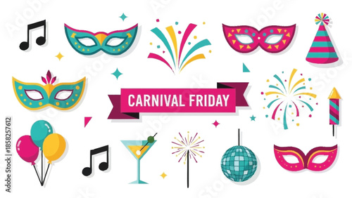 Festive Carnival Friday Celebration With Masks Music Balloons Fireworks Keywords: carnival
