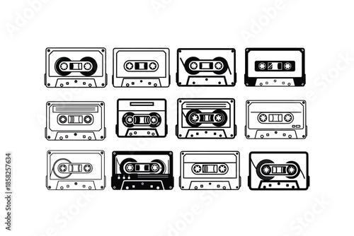 Vector retro cassette tape outline. Black and white vintage mixtape line art icon isolated on white background