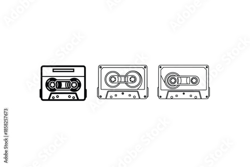 Vector retro cassette tape outline. Black and white vintage mixtape line art icon isolated on white background