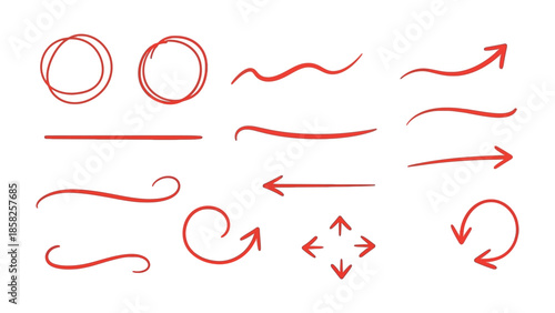 Red Stroke Elements: A collection of various red stroke elements including circles, lines, and arrows, perfect for enhancing design projects.
