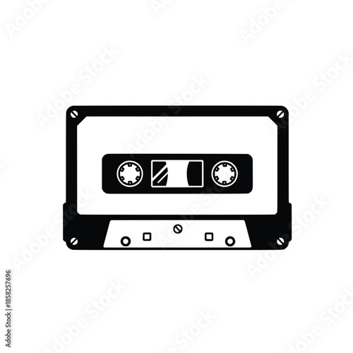 Vector retro cassette tape outline. Black and white vintage mixtape line art icon isolated on white background