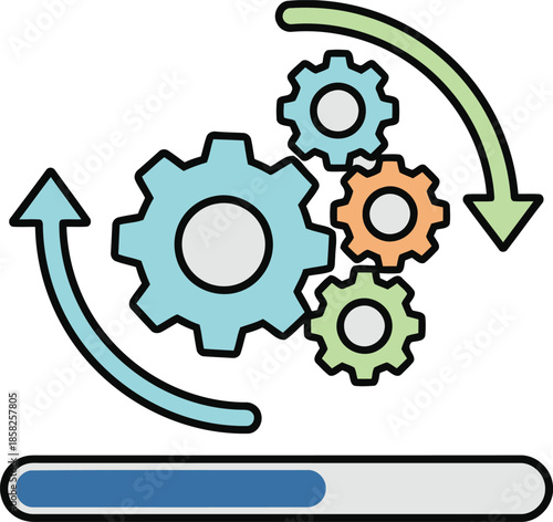 Gears turning in a mechanical process with a progress bar indicating ongoing development and settings