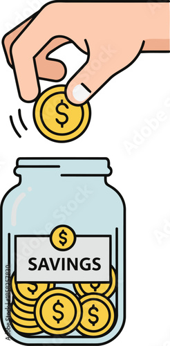 A person's hand deposits a shiny golden dollar coin into a clear glass savings jar filled with money.