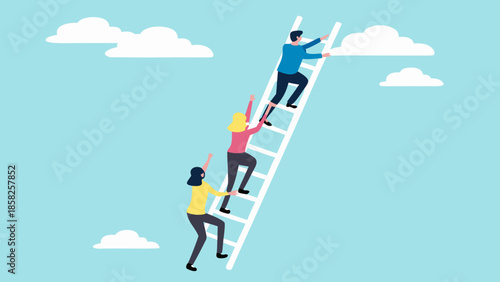 Flat illustration of people climbing a ladder to success together in a team