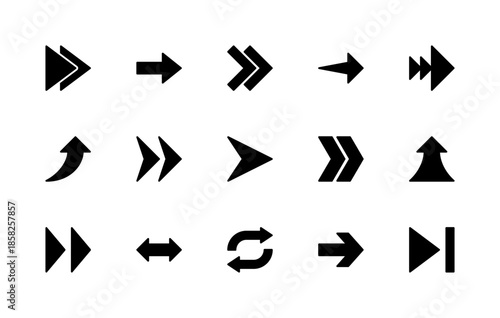 Arrows related vector silhouette icons set. Isolated icon collection such as sync, repeat, shuffle, direction, set, left, right, diagonal, curved and more.