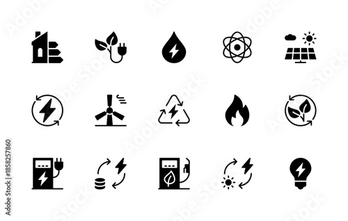 Energy saving vector silhouette icons set. Isolated icon collection such as cycle, drop, atom, fire, money, light bulb, molecule, flame and more.