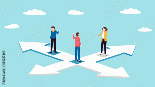Flat illustration of three people standing on floating arrows pointing in different directions