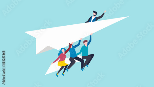 Flat vector artwork of business people team navigating a large paper airplane in air together