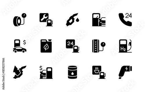 Petrol station related vector silhouette icons set. Isolated icon collection such as tire service, maintenance, fuel pump, canister and more.