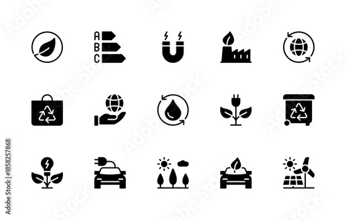 Energy saving vector silhouette icons set. Isolated icon collection such as logo, magnet, plant, globe, hand, drop, light bulb, trees and more.