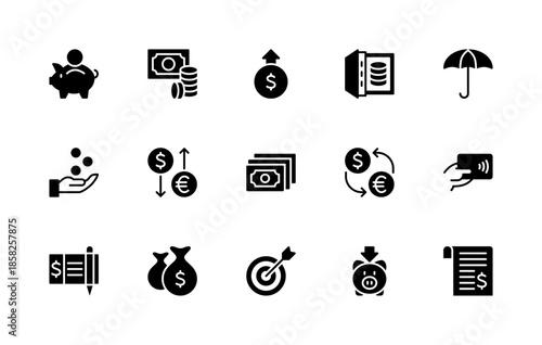 Money savings and finance vector silhouette icons set. Isolated icon collection such as money, bill, piggy bank, coin and more.