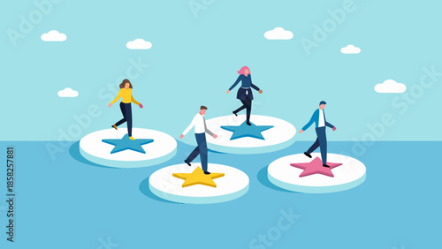 Flat vector illustration of a diverse group of business people walking across stars on white