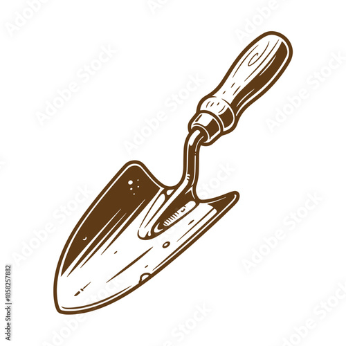 Vintage Brown and white illustration of a garden trowel with wooden handle on white background