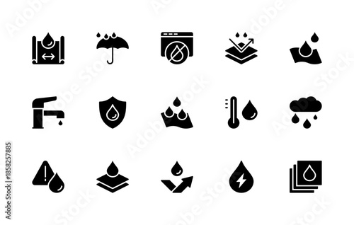 Water resistance related vector silhouette icons set. Isolated icon collection such as textile, smart devices, rain, umbrella, drop and more.