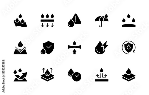 Water resistance related vector silhouette icons set. Isolated icon collection such as fabric, drop, water-resistant, waterproof, protection and more.